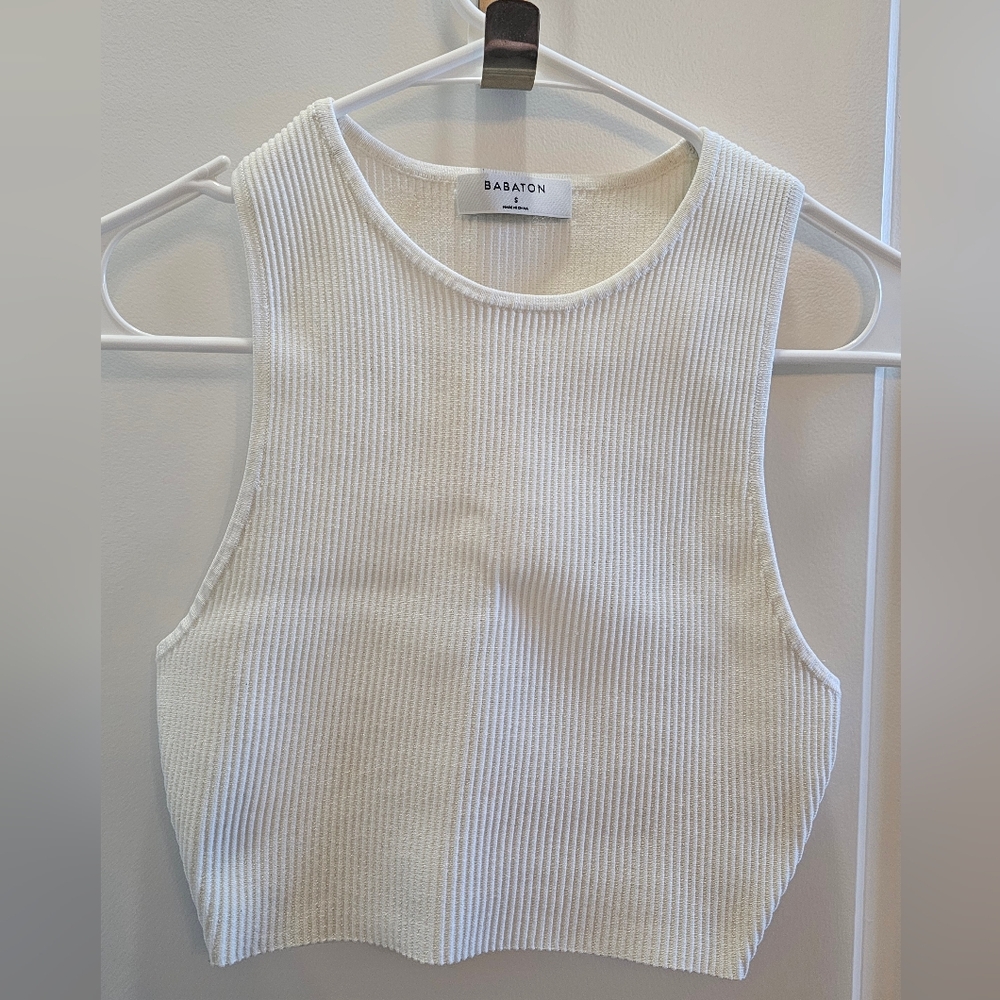 ARITZIA BABATON SCULPT KNIT MUSCLE TANK CROP TOP WHITE SMALL RIBBED